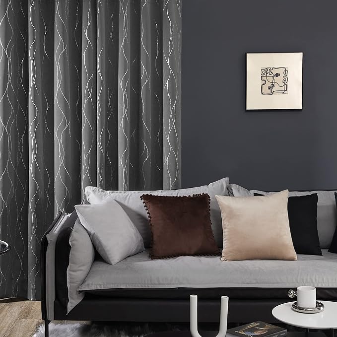 Deconovo Blackout Curtains, Grey Curtains, Thermal Insulated Soundproof Grommet Drapes, Silver Wave Dot Foil Print, 42 x 63 Inch, 2 Panels, Machine Washable Window Panel for Living Room Bedroom Office