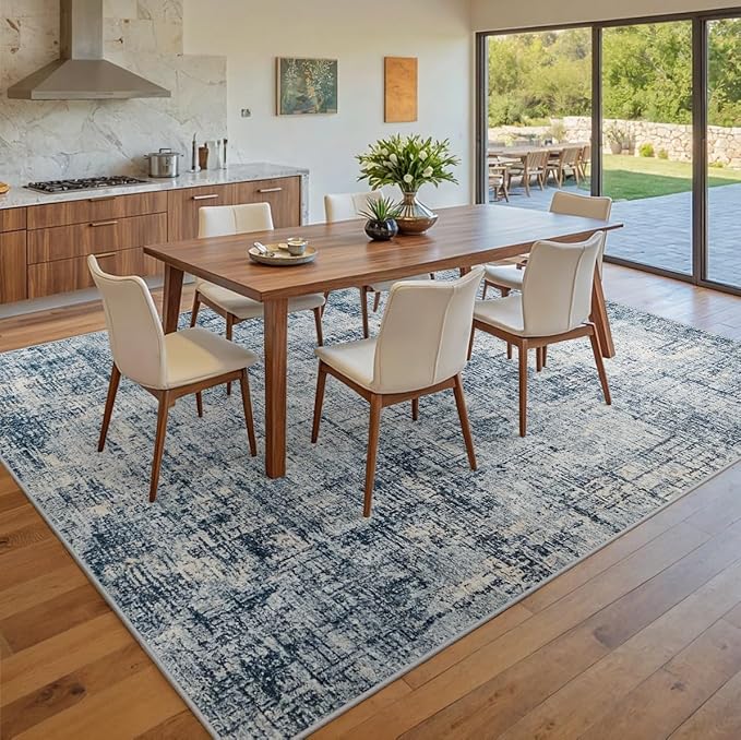10x14 Area Rugs for Living Room Washable Rug: Anti-Skid Abstract Modern Living Room Rug Soft Thin Carpets Indoor Floor Non-Shedding Carpet for Bedroom Dining Farmhouse Nursery Home Office Blue Gold