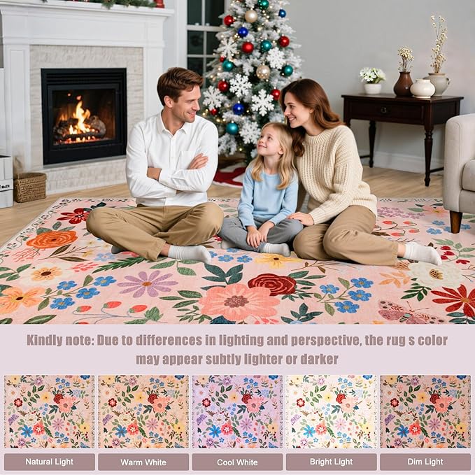 Round Area Rug for Living Room: 6 ft Floral Washable Circle Rug Soft Boho Non-Slip Carpet Indoor Stain Resistant Low Pile Small Circular Rug for Bedroom Entryway Kitchen Nursery Home Office Beige