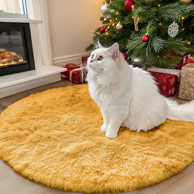 OLANLY Mustard Yellow Round Rugs for Bedroom - Machine Washable, 3 ft Circle Area Rugs for Living Room, Soft and Fluffy Shaggy Carpet for Teen Girl and Boys, Nursery Rooms, Dorms, Home Decor Aesthetic