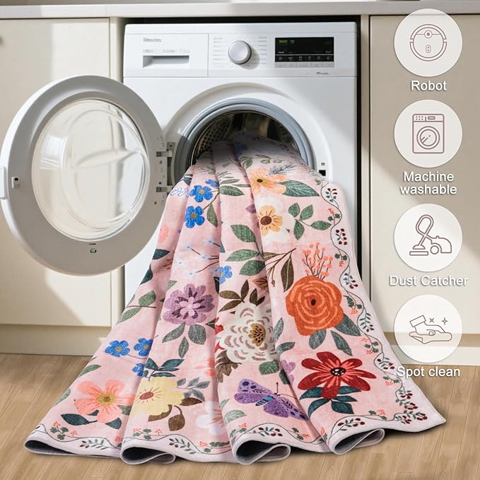 Runner Rug for Entryway: 2.6x8 Kitchen Rugs Non Slip Washable Ultra-Thin Soft Floral Carpet Indoor Floor Stain Resistant Carpets for Hallway Bedroom Kitchen Laundry Bathroom Dorm Beige