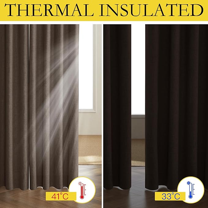 NICETOWN Coffee Vintage Linen 100% Blackout Curtains for Classroom, Thermal Insulated Curtains 72" Long, Noise Reducing Window Treatment Drapes for Gym Room, 42" Wide Per Panel, Set of 2