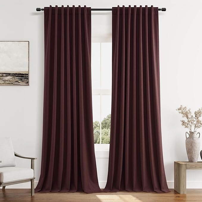 Guken Reddish Brown 100% Blackout Linen Curtains 120 Inch Length 2 Panels Set for Living Room Bedroom Back Tab/Rod Pocket Thermal Insulated Farmhouse Black Out Drapes Room Darkening,52x120