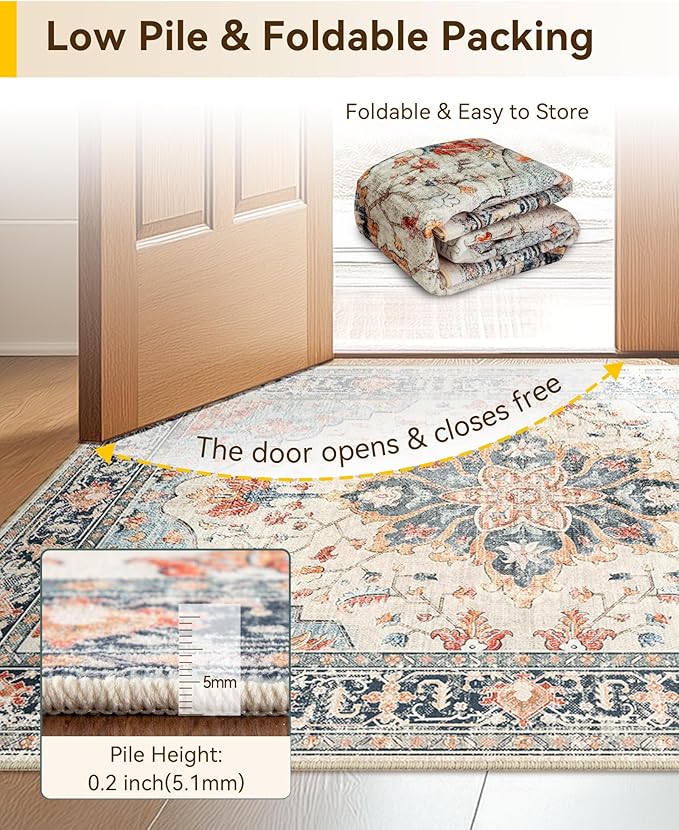 Area Rugs 2'x10' Runner Rug Non Slip Washable for Kitchen Hallway Bedroom Beside Laundry Room Bathroom Rug, Floor Carpet, Beige Navy Blue Orange Colorful