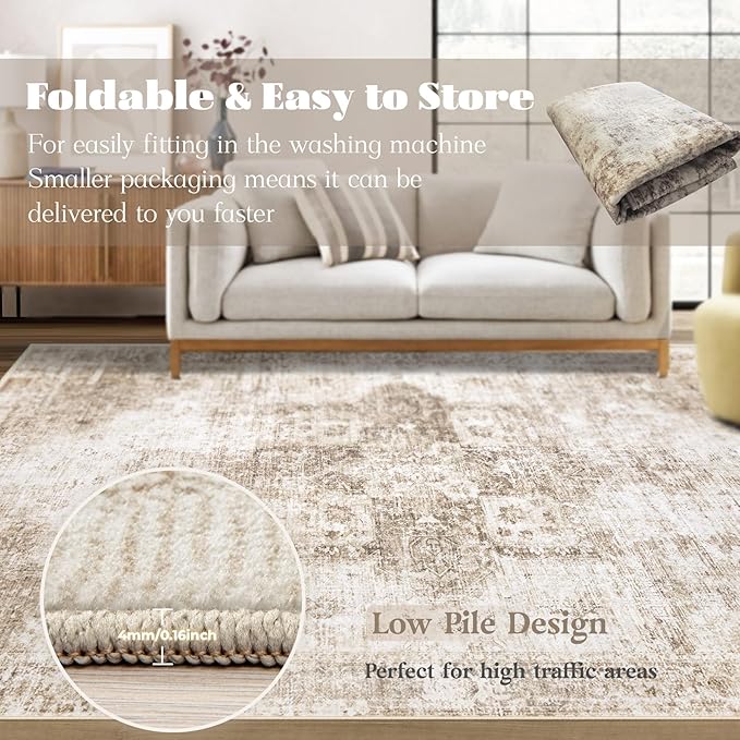 Area Rug 6x9 Washable Rug, Vintage Boho Medallion Rugs Non-Slip Soft Low Pile Large Distressed Rug Indoor Retro Carpet for Living Room Bedroom Dining Room Home Office (Brown, 6'x9')