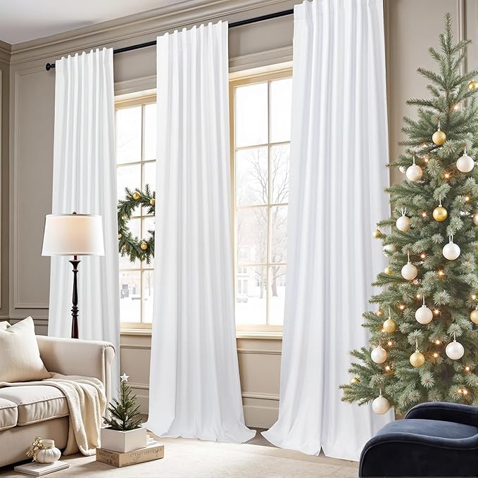 Sliding Glass Door Curtains 98 Inches Long 100% Blackout White Curtains for Bedroom Nursery Living Room Darkening Insulated Thermal Curtains for Summer Heat Lightweight Luxury Drape Playroom Classroom