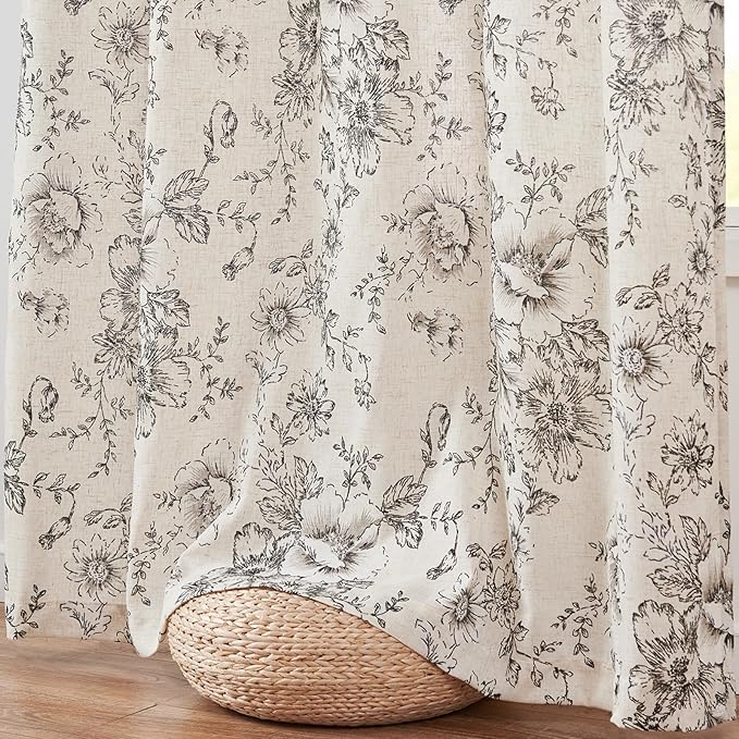 jinchan Lined Linen Blend Curtain Floral Curtains for Living Room 96 Inches Long Black Peony Flower Printed Curtain Back Tab Farmhouse Patterned Drapes Bedroom Window Curtains Set 2 Panels