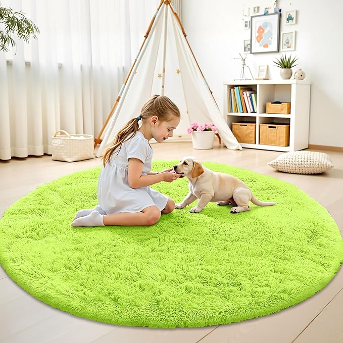 OLANLY Lime Green Round Rugs for Bedroom - Machine Washable, 5 ft Circle Area Rugs for Living Room, Soft and Fluffy Shaggy Carpet for Teen Girl and Boys, Nursery Rooms, Dorms, Home Decor Aesthetic
