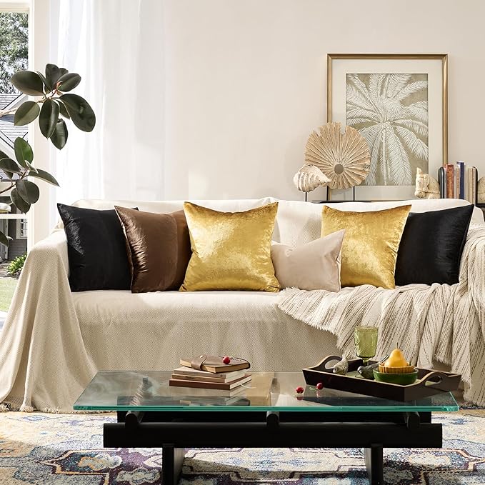 GIGIZAZA Gold Velvet Decorative Throw Pillow Covers 24x24 for Sofa Bed 2 Pack Soft Cushion Cover