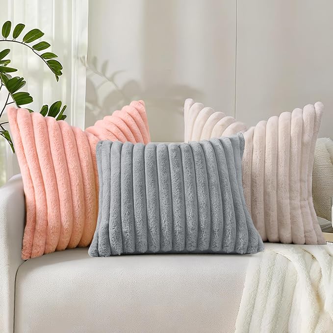 decorUhome Summer Cozy Faux Fur Throw Pillow Covers 20x20 Set of 2 Decorative Plush Striped Modern Farmhouse Boho Couch Pillow Cases with Velvet Back for Sofa Bed Living Room, Blush Pink