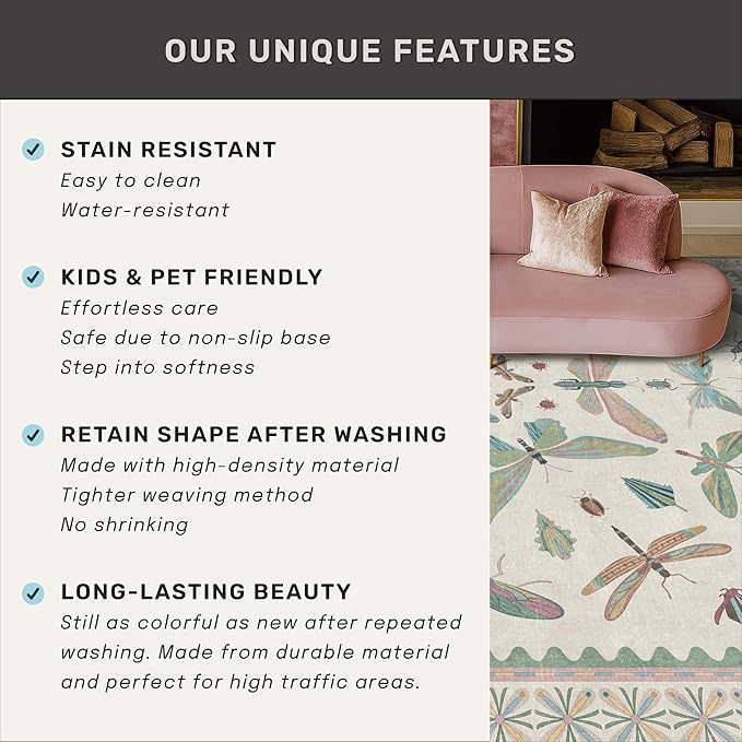 Hazo Haus Washable Boho Bathroom Rug 2x3, Small Throw Rugs for Kitchen, Powder Room, Front Door Indoor Entrance, Non Slip Low Pile Stain Resistant, Dusty Green Colorful Cool Insect Aethestic