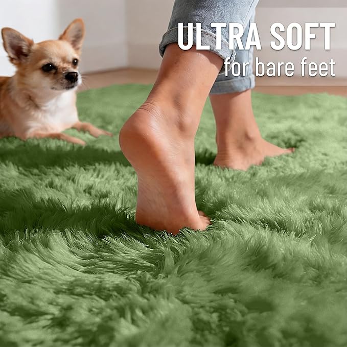 OLANLY 5x7 Machine Washable Large Area Rugs for Living Room, Bedroom, Soft Fluffy Shaggy Bedside Rug, Indoor Floor Carpet for Kids Girls and Boys, Dorms, Nursery, Home Decor Aesthetic, Green