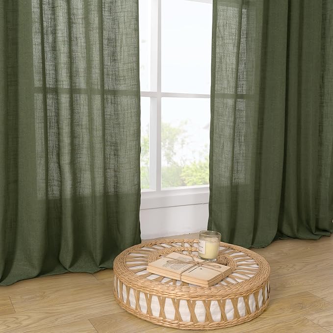 LAMIT Olive Green Linen Kitchen Curtains 30 Inch Length, Semi Sheer Light Filtering Window Panels Back Tab and Rod Pocket Drapes for Basement/Small Windows, 25 x 30 Inch, 2 Panels
