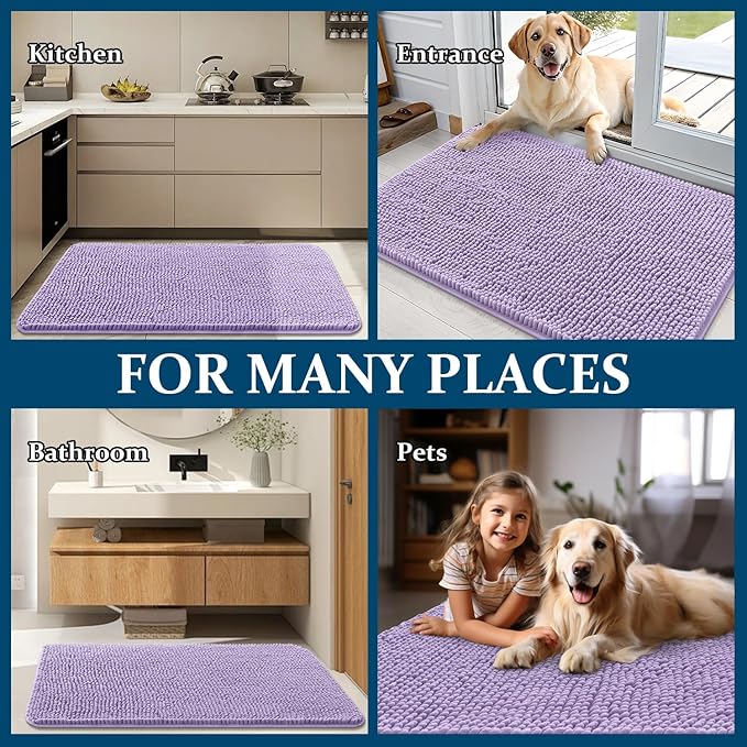 OLANLY Dog Door Mat for Muddy Paws 48x30, Absorbs Moisture and Dirt, Absorbent Non-Slip Washable Doormat, Quick Dry Chenille Mud Mat for Dogs, Entry Indoor Entryway Carpet for Inside Floor, Lavender
