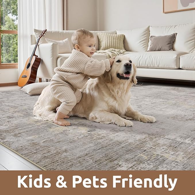 6 x 9 Area Rugs for Living Room, Machine Washable Non Slip Rug Ultra Soft Low Pile Indoor Carpet Modern Abstract Rugs for Bedroom Office Room Dining Room Beside, Beige