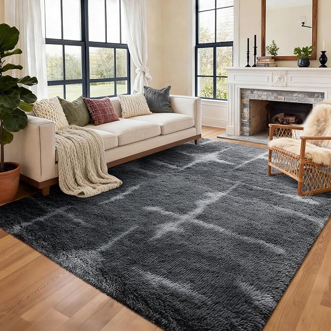 Area Rugs for Living Room, 5x7 Feet Soft Fluffy Shagg Plush Rug High Pile Non-Slip Floor Carpet for Bedroom Nursery Kids Home Dorm Decor Grey Star