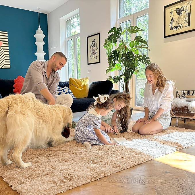 OLANLY 7x10 Machine Washable Large Area Rugs for Living Room, Bedroom, Soft Fluffy Shaggy Bedside Rug, Indoor Floor Carpet for Kids Girls and Boys, Dorms, Nursery, Home Decor Aesthetic, Beige