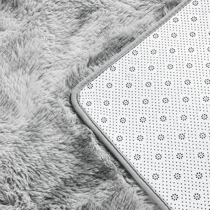 Large Shag Area Rugs 8 x 10, Tie-Dyed Plush Fuzzy Rugs for Living Room, Ultra Soft Fluffy Furry Rug for Bedroom, Indoor Carpet Nursery Rugs for Kids Room Home Decor, Light Grey