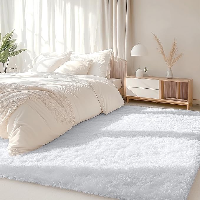 OLANLY 5x5 Area Rugs for Living Room Bedroom, Machine Washable Soft Fluffy Shaggy Bedside Rug, Indoor Floor Carpet for Kids Girls and Boys, Dorms, Nursery Rooms, Home Decor Aesthetic, White