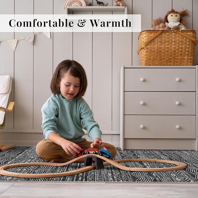 4x10 Washable Hallway Runner Rug：Moroccan Non-Slip Wide Runners for Entryway Kitchen Soft Modern Geometric Low-Pile Rugs for Living Room Thin Waterproof Carpet for Bedroom Bathroom Laundry(Black,4x10)