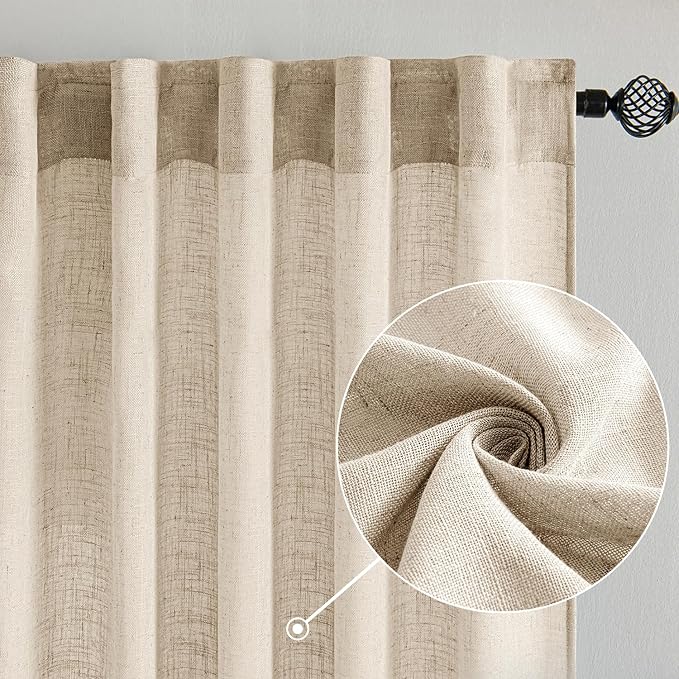 MIULEE Light Taupe Linen Curtains 90 Inch Long 2 Panels for Bedroom Living Room, Soft Linen Textured Window Drapes Semi Sheer Light Filtering Back Tab Rod Pocket Farmhouse Modern Burlap Look Decor