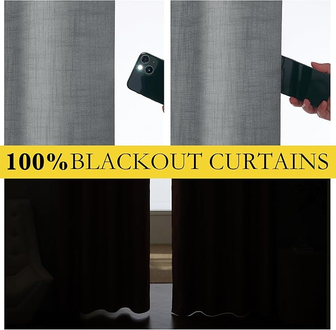 NICETOWN 100% Absolutely Blackout Linen Curtains with Thermal Insulated White Liner, Dove Grey, 52" W x 63" L, Set of 2, Burlap Textured Textured Linen Look Privacy Window Treatment for Kitchen