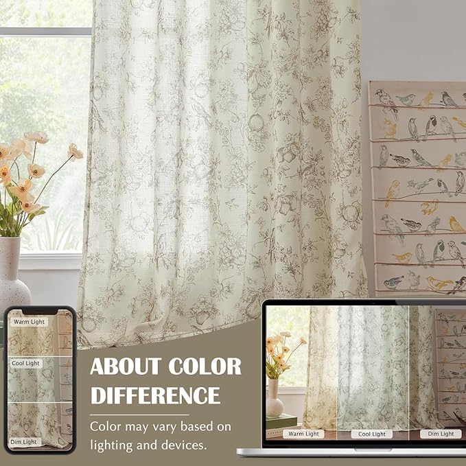 jinchan Linen Floral Curtains for Living Room 96 Inch Length Taupe Printed Flower French Country Curtain Farmhouse Cottage Core Toile Curtains Back Tab Light Filtering Window Drapes Set 2 Panels