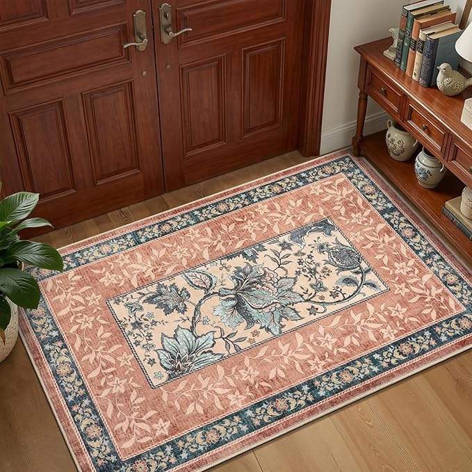GarveeHome Terracotta Teal 8x10 Area Rugs for Living Room, Botanical Grove Cottagecore Washable Rug for Bedroom Dining Nursery Low-Pile Vintage Large Carpet
