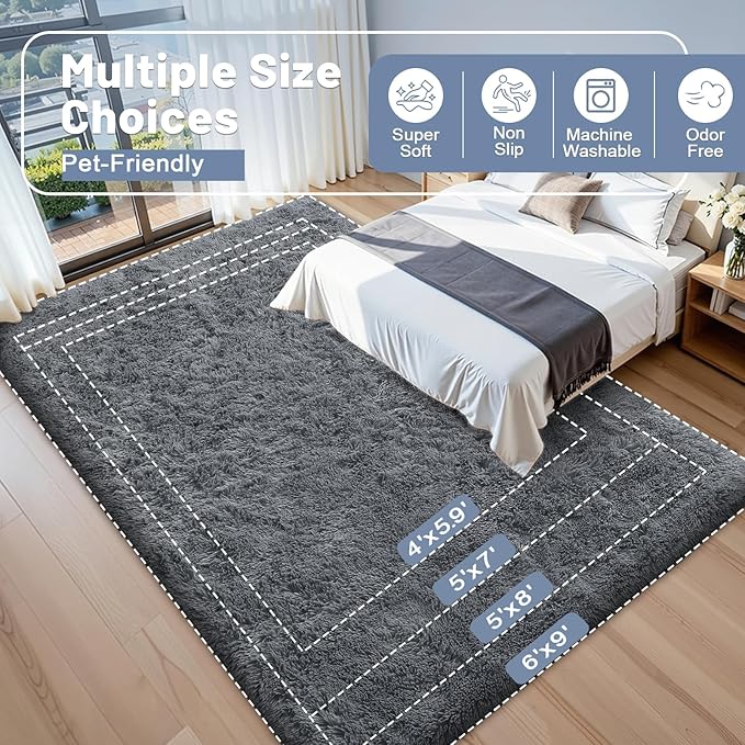 OLANLY 7x11 Machine Washable Large Area Rugs for Living Room, Bedroom, Soft Fluffy Shaggy Bedside Rug, Indoor Floor Carpet for Kids Girls and Boys, Dorms, Nursery, Home Decor Aesthetic, Grey