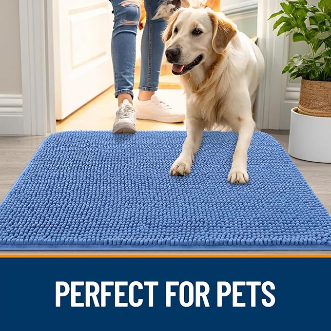 OLANLY Dog Door Mat for Muddy Paws 47x20, Absorbs Moisture and Dirt, Absorbent Non-Slip Washable Doormat, Quick Dry Chenille Mud Mat, Entry Indoor Entryway Carpet for Inside Floor, Cornflower Blue