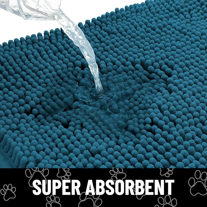 Smiry Dog Door Mat for Muddy Paws, Absorbent Dirt Trapper Non Slip Quick Dry Washable Chenille Mat for Mud Dogs, Entry Rug for Indoor and Outdoor (59x35 Inches, Atlantic Blue and White)