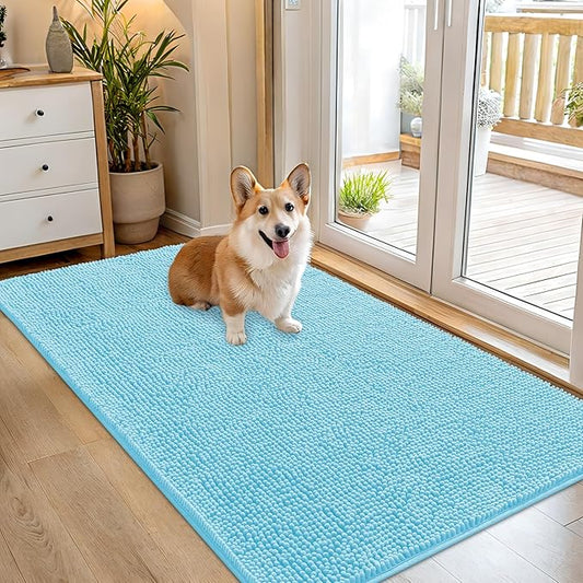 OLANLY Dog Door Mat for Muddy Paws 54x32, Absorbs Moisture and Dirt, Absorbent Non-Slip Washable Doormat, Quick Dry Chenille Mud Mat for Dogs, Entry Indoor Entryway Carpet for Inside Floor, Blue