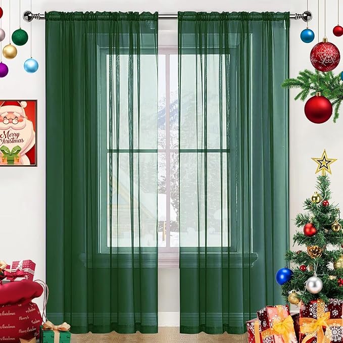 SpaceDresser Sheer Voile Window Treatment Rod Pocket Curtain Panels for Kitchen Bedroom Living Room Drapes Sunlight Filtering Privacy Semi Home Decor Assorted Colors Sizes (Foliage Green, 52 W x 72 L)