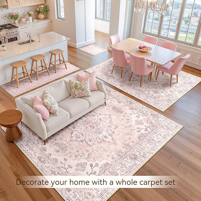 Area Rugs 10'x12' Washable Non-Slip, Floral Vintage Distress Print Pattern Medallion Carpet for Living Room Bedroom Dining Room, Pink Greypink Cute