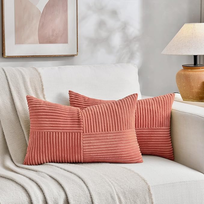 Fancy Homi 2 Packs Coral Lumbar Decorative Throw Pillow Covers 14x22 Inch for Living Room Couch, Rustic Farmhouse Boho Home Decor, Soft Striped Corduroy Rectangle Accent Peach Cushion Case 35x55 cm