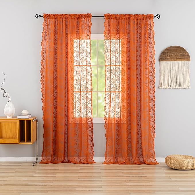 YJ YANJUN Vintage Lace Curtains 96 Inches Long- Rust Floral Terracotta Bay Window Curtains for Bedroom Living Room Rod Pocket Light Filtering 8 FT Farmhouse Boho Fall Decor 2 Panels 52Wx96L Orange