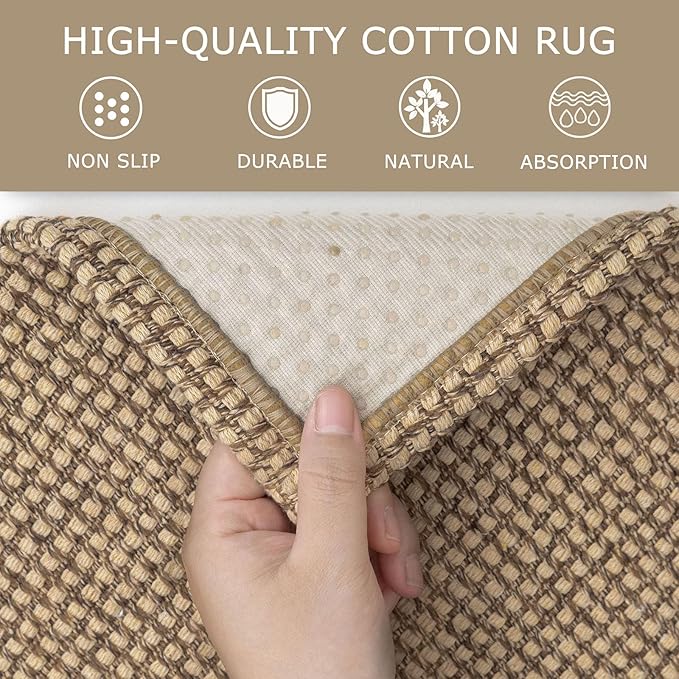 KOZYFLY Boho Area Rug Runner Sets of 2Pcs 2x6 and 3x5 Washable Entry Rugs Non Slip Rubber Backed Kitchen Rug Woven Cotton Entrance Rugs for Front Porch Bathroom Kitchen Bedroom, Tan/Orange/Brown