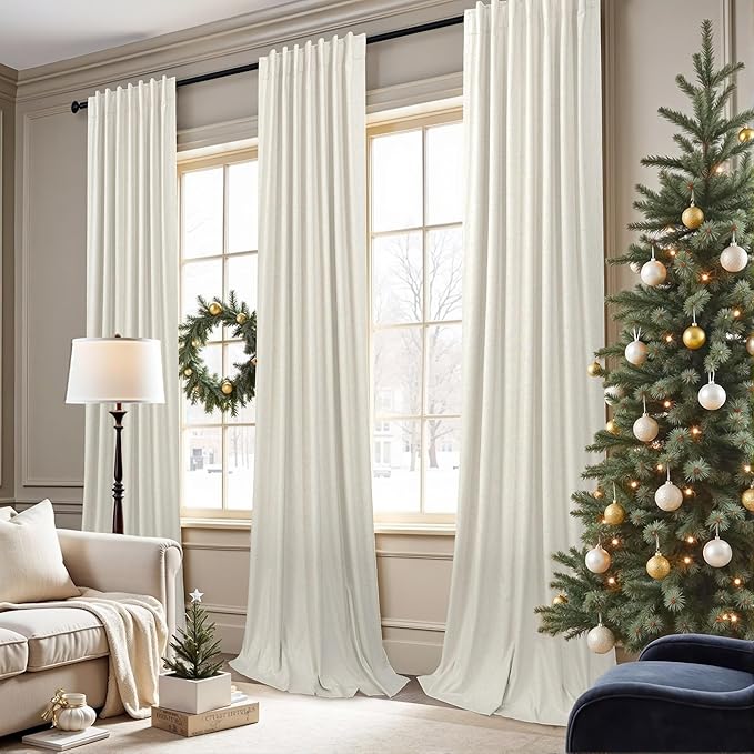 Cream Linen Black Out Curtains 70 Inches Extra Wide for Living Room 2 Panels Back Tab Pocket Pleated Ivory Blackout Bedroom for 72 Inches Window Curtain 84 Inch Long Thermal Room Darkening Heavy Drape