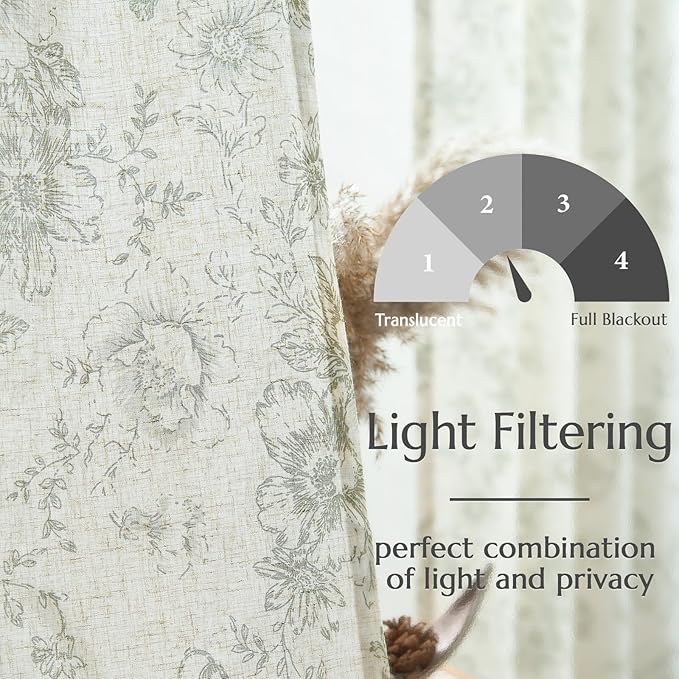 jinchan Linen Blend Floral Curtains for Living Room 96 Inch Length Farmhouse Printed Curtain Rod Pocket Back Tab Sage Green Peony Flower Patterned Drapes Bedroom Curtains Set 2 Panels