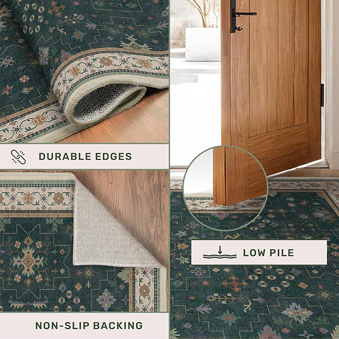 Hazo Haus Dark Green Oushak Living Room Rug 10x12 - Modern Vintage Boho Eclectic Floral Pastel, Washable Low Pile Non-Slip Extra Large Area Rugs for Dining Under Table Bedroom Lounge