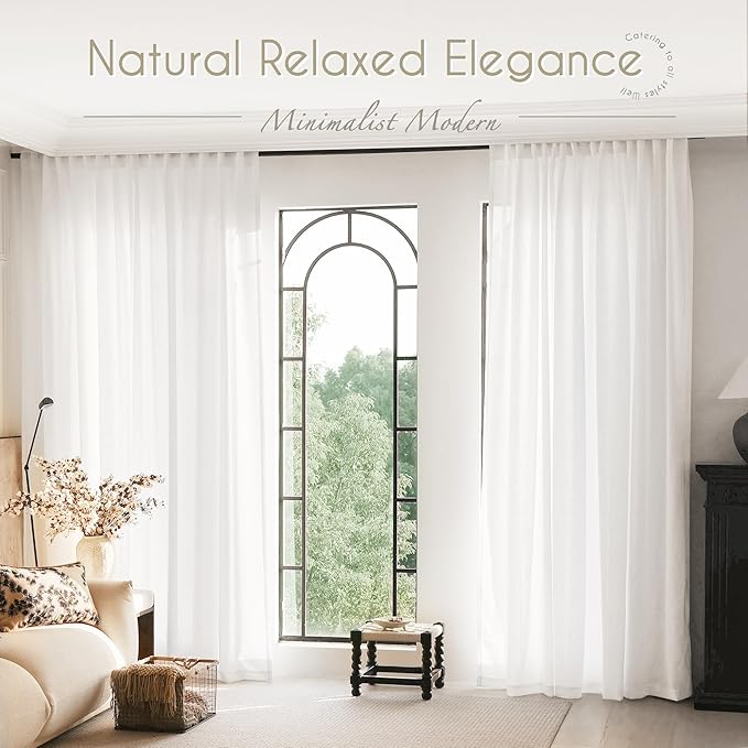 White Curtains 96 inches Long 2 Panels Back Tab Light Filtering Cotton Textured Curtain Modern Farmhouse Coastal Decor Off White Linen Drapes 96 inch Length for Patio Sliding Door Office 60x96