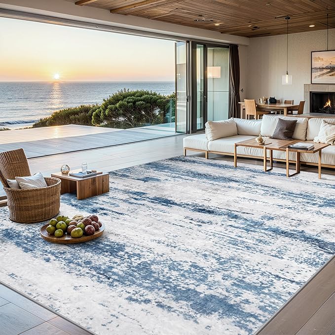 8x10 Area Rugs for Living Room - Washable Rug Modern Abstract Soft Large Neutral Non-Slip Carpet Indoor Floor Thin Carpets for Bedroom Dining Room Farmhouse Nursery Home Office White Blue Grey