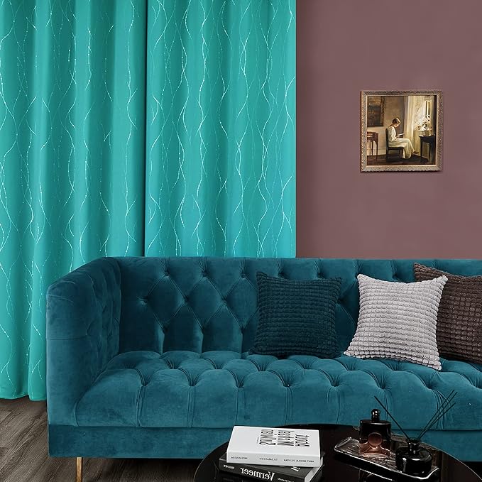 Deconovo Blackout Curtains, Thermal Insulated Soundproof Grommet Drapes, Wave Dots Silver Print, 42 x 54 Inch, Set of 2, Machine Washable Panels for Kitchen Bedroom Living Room Nursery, Turquoise