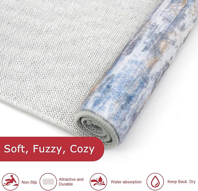 KOZYFLY Modern Abstract Washable Rug Runner 2.6x14 Hallway Rug Runner Non-Slip Soft Kitchen Runner Rugs, Blue Rust Striped Carpet for Entryway Bathroom Laundry Room Foyer