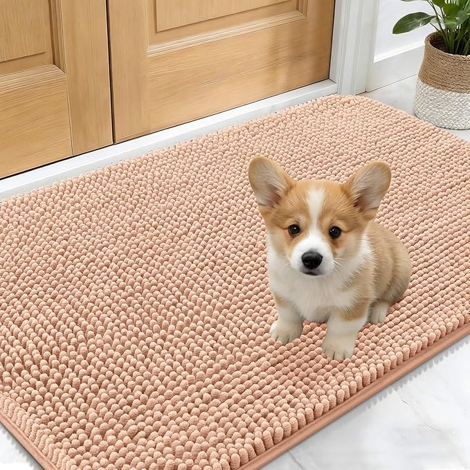 OLANLY Dog Door Mat for Muddy Paws 30x17, Absorbs Moisture and Dirt, Absorbent Non-Slip Washable Doormat, Quick Dry Chenille Mud Mat for Dogs, Entry Indoor Entryway Carpet for Inside Floor, Peach
