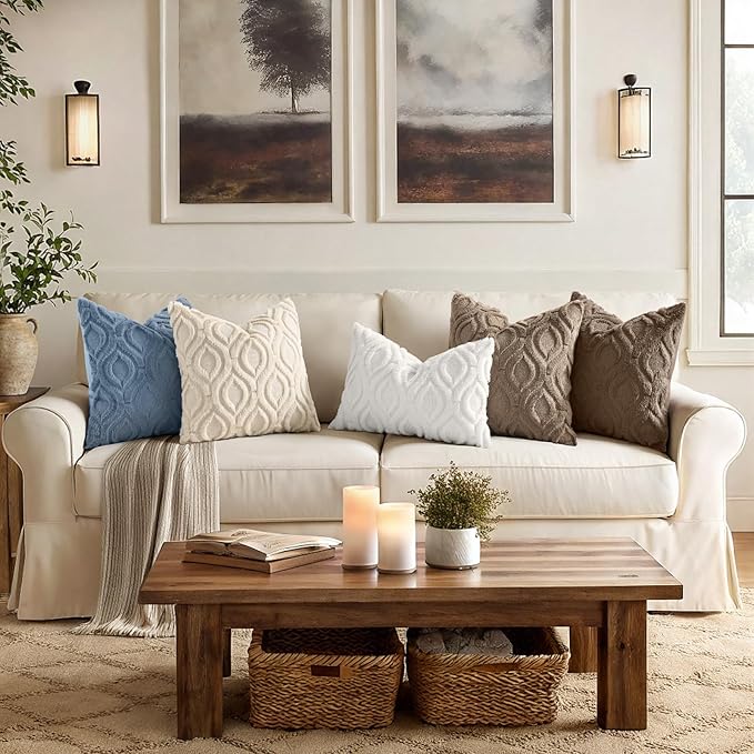 decorUhome Throw Pillow Covers 24x24 Inch Set of 2, Soft Plush Faux Wool Dusty Blue Solid Couch Pillow Covers, Accent Euro Sham Farmhouse Neutral Square Pillow Cases for Sofa Bed Living Room