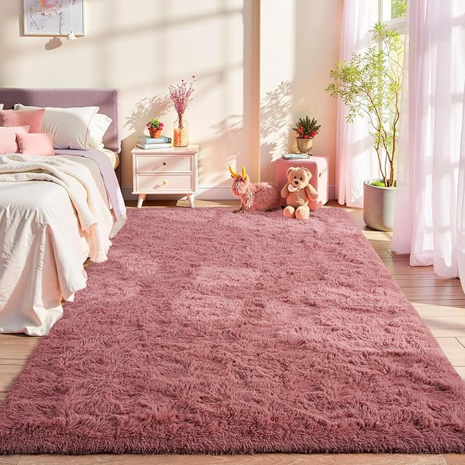 LOCHAS Ultra Soft Indoor Modern Area Rugs Fluffy Living Room Carpets for Children Bedroom Home Decor Nursery Rug 4x5.3 Feet,Blush