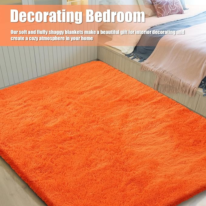 9x12 Fluffy Area Rugs for Living Room,Orange Large Fuzzy Shag Area Rug for Bedroom,Soft Non-Shedding Indoor Plush Carpet for Kids Bedroom Nursery Home Decor