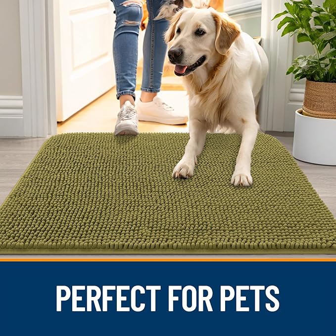 OLANLY Dog Door Mat for Muddy Paws 44x32, Absorbs Moisture and Dirt, Absorbent Non-Slip Washable Doormat, Quick Dry Chenille Mud Mat, Entry Indoor Entryway Carpet for Inside Floor, Willow Green