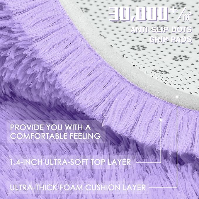 OLANLY Light Purple Round Rugs for Bedroom - Machine Washable, 3 ft Circle Area Rugs for Living Room, Soft and Fluffy Shaggy Carpet for Teen Girls and Boys, Nursery Rooms, Dorms, Home Decor Aesthetic